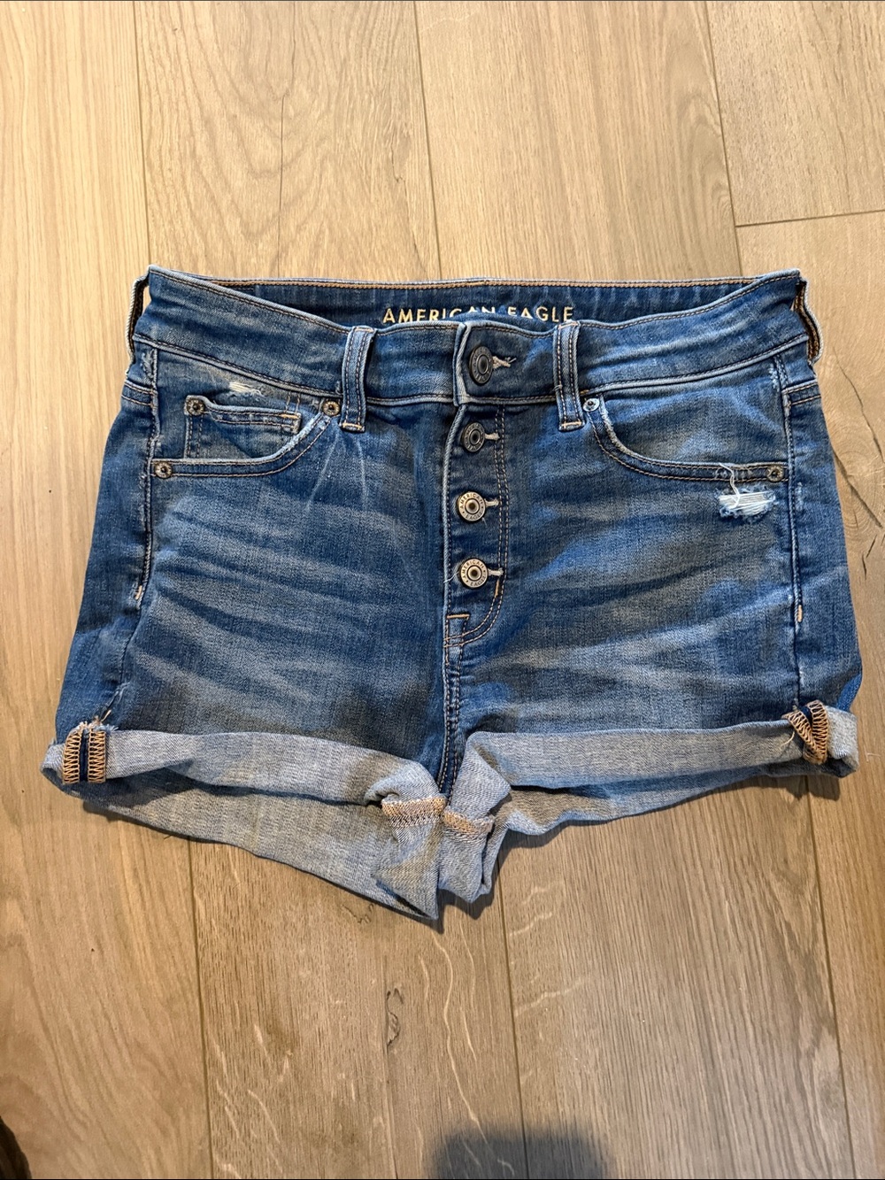 American Eagle distressed Button-Fly Cuffed hi-rise shortie stretch Denim Shorts
